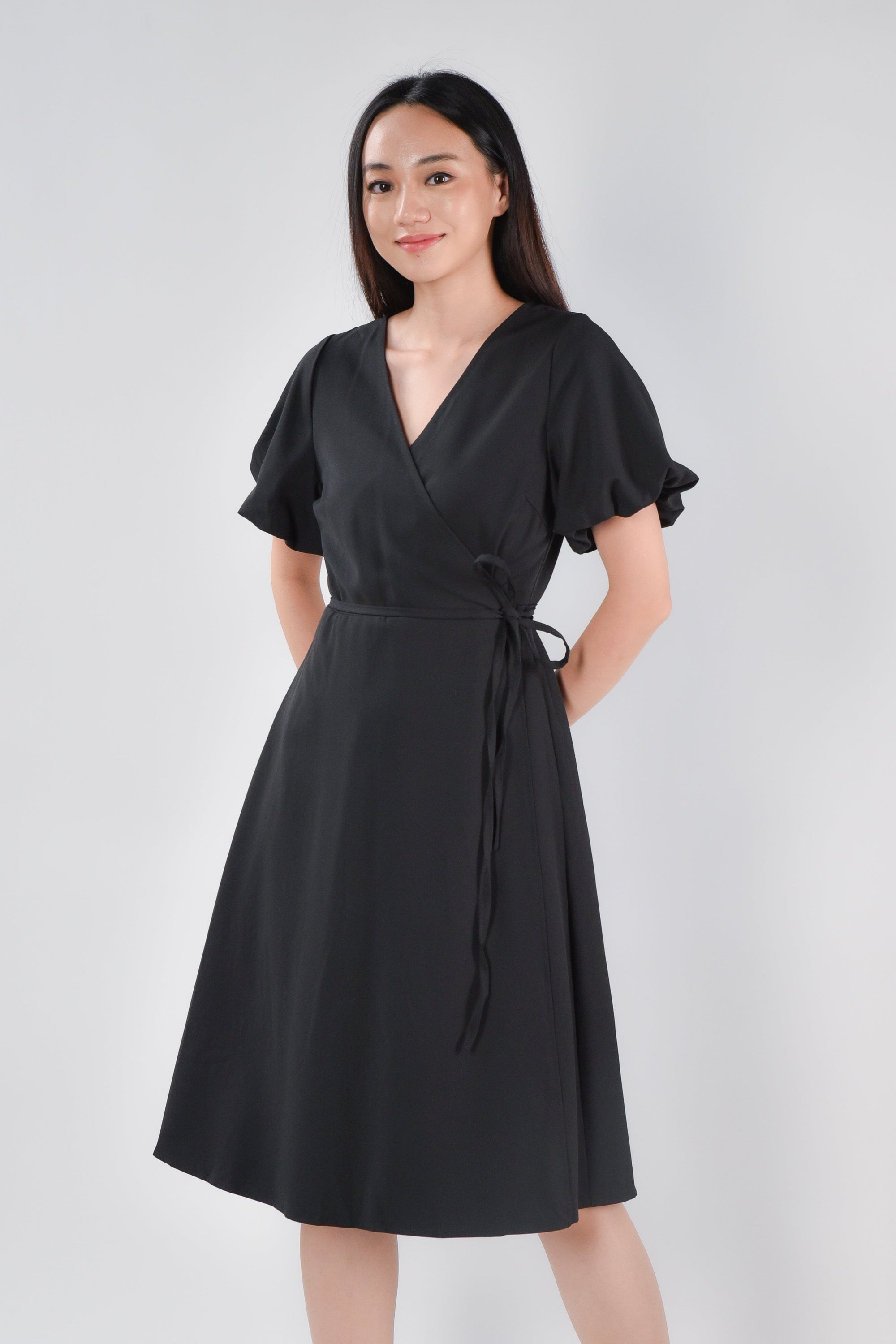 GERI PUFF-SLEEVES WRAP DRESS IN BLACK - All Would Envy